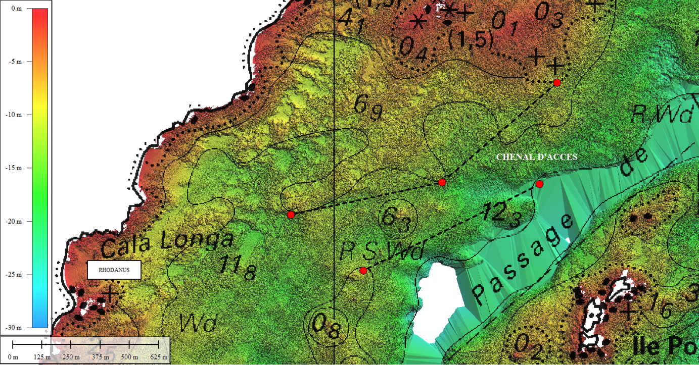 Superposition de la bathymétrie Litto3D® sur extrait de carte 6929 , Identification d’un chenal d’accès compatible des moyens nautiques engagés (   ---   )